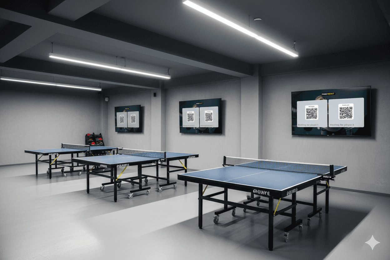 TV displaying match scores in a table tennis hall
