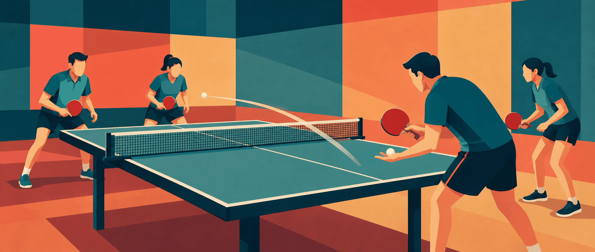 Four table tennis doubles players demonstrating a legal diagonal serve